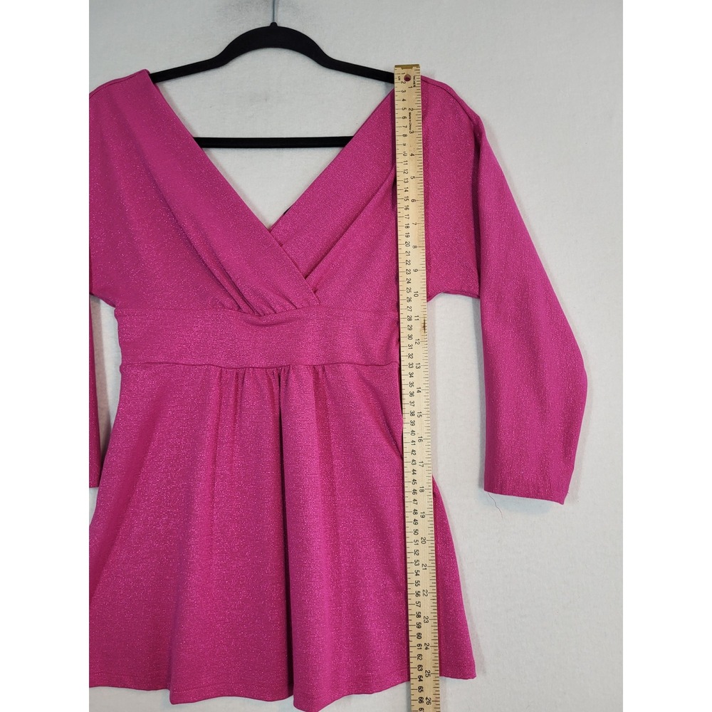 Y2K Express Pink Metallic Empire Waist V-Neck 3/4 Sleeve VBack Shimmer Top S New - Picture 7 of 9
